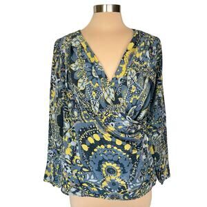 Trina Turk Silk Surplice Wrap Blouse Womens MED Abstract Print Career Work Wear